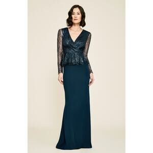 Tadashi Shoji Dress 6 Aldrin Long Sleeve Sequin Navy Gown Maxi Formal Wedding